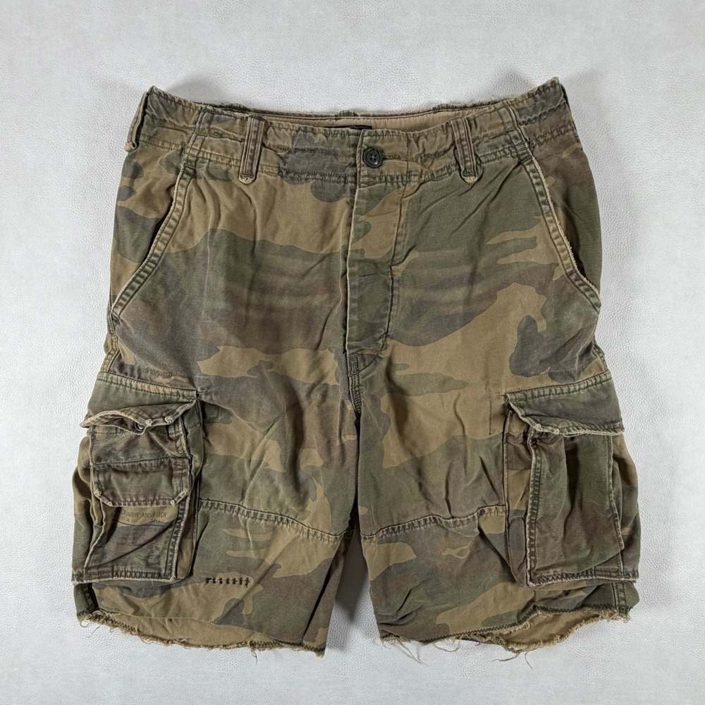 VTG Y2K Abercrombie & Fitch Mens Camo Cargo Shorts Green Brown Size 33 Frayed
